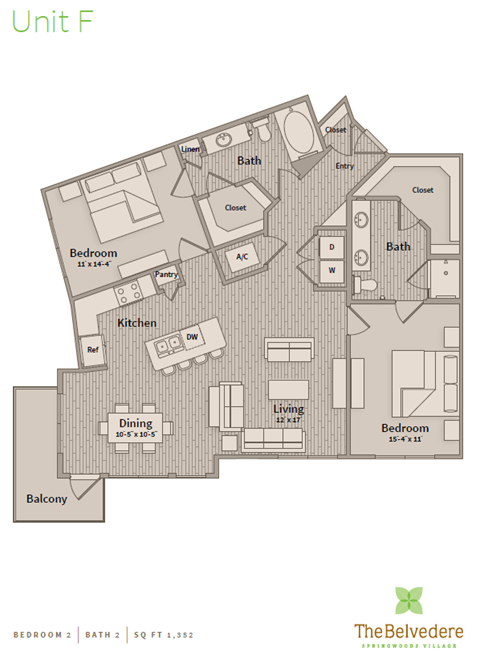 Floor plan for 2 beds, 2 baths, 1352 sqft